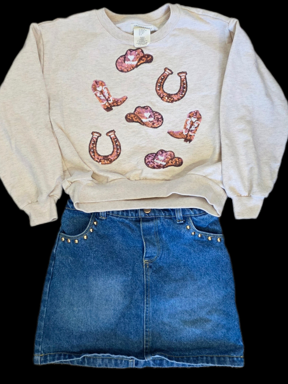 Kids Cream Sequin Western Crewneck Sweatshirt Set with Denim Skirt